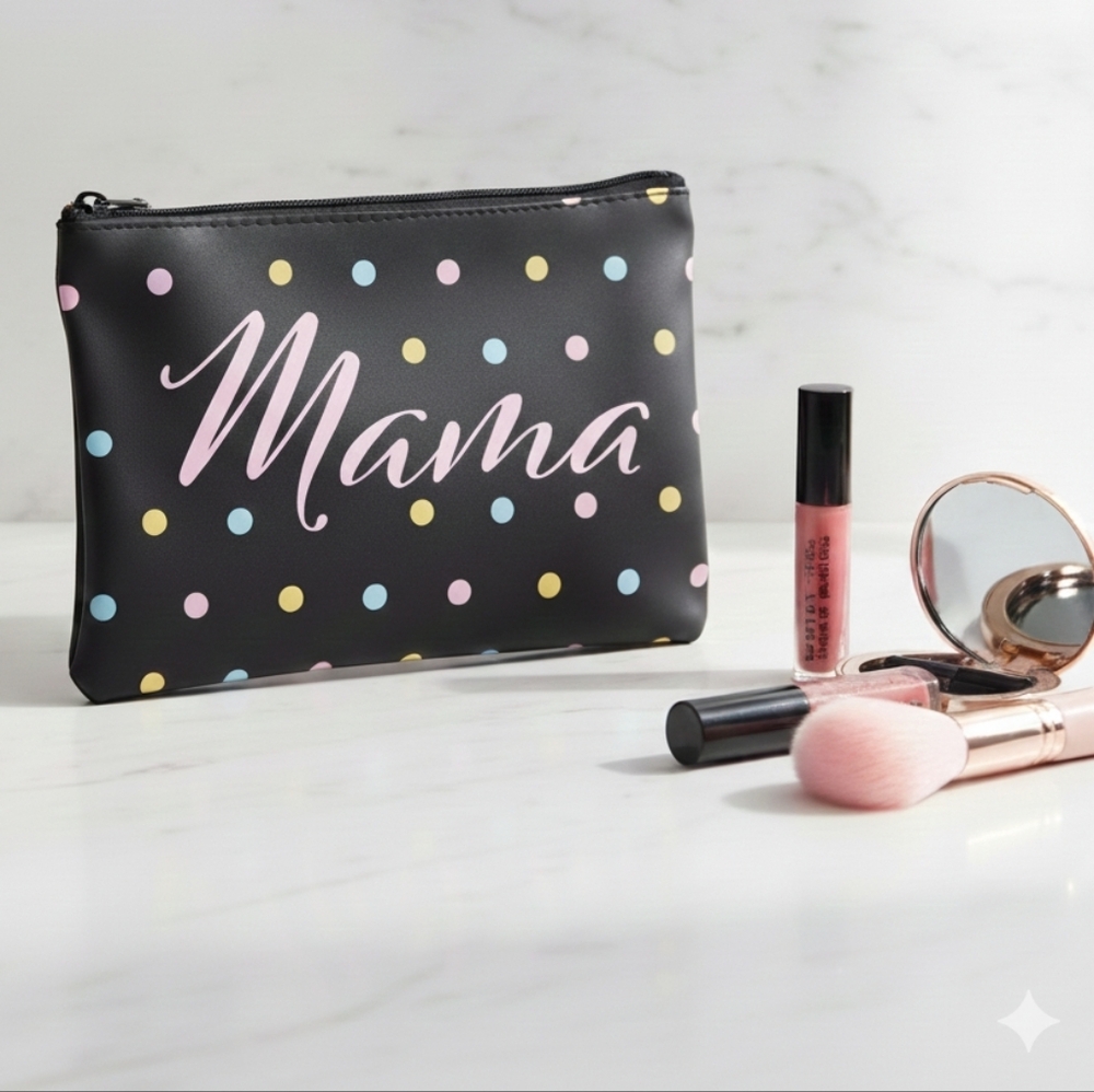 Sassy + Chic NWT Black Polka Dot "Mama" Cosmetic/Travel Bag 6in X 8in